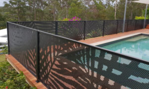 perforated aluminium pool fencing concept showing designs for a palm frond
